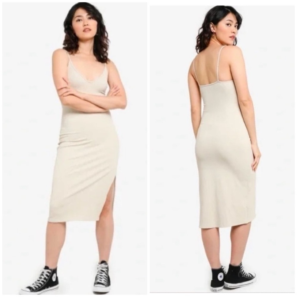 Abercrombie and Fitch Soft A&F Seamless Rib Knit Midi Dress with Slit Beige Sz S